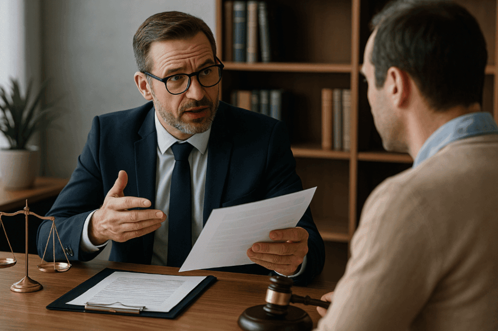 Anwalt erklärt einem Klienten ein Dokument im Büro – Beratungsgespräch im Erbrecht mit Waage der Gerechtigkeit auf dem Tisch