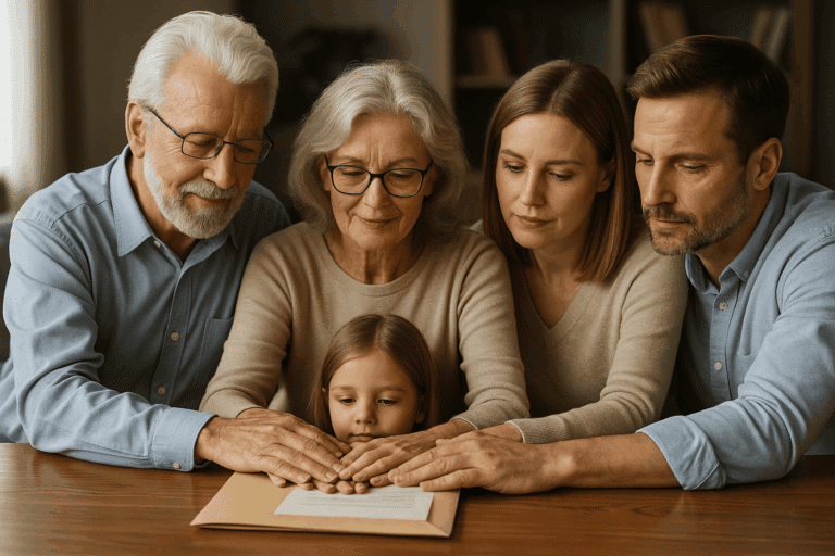 Drei Generationen einer Familie sitzen am Tisch und legen gemeinsam die Hände auf ein Testament im Umschlag – Symbol für Erbrecht und Nachlassregelung
