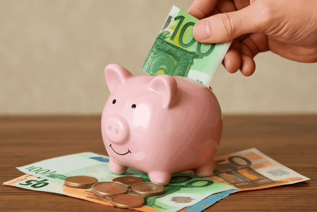 Hand steckt einen 100-Euro-Schein in ein rosa Sparschwein, umgeben von Euro-Münzen und Geldscheinen – Symbol für Notarkosten und Ersparnisse im Erbrecht