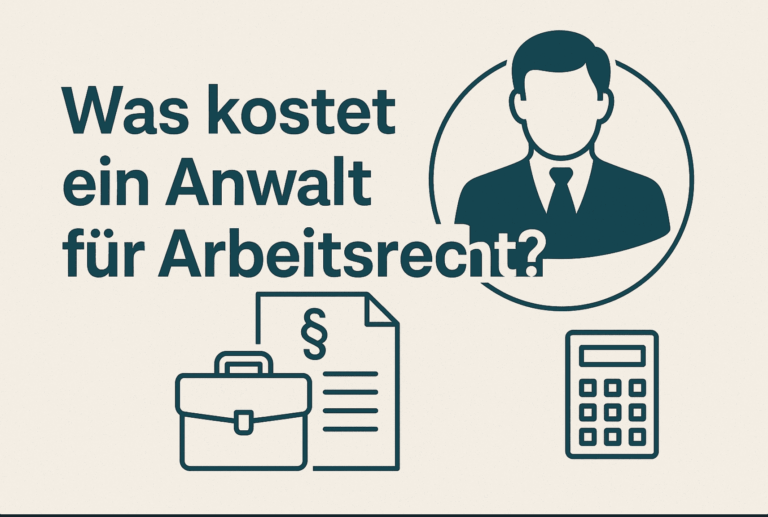 Symbolgrafik mit Text ‚Was kostet ein Anwalt für Arbeitsrecht?‘, daneben Icons für Anwalt, Dokument, Aktenkoffer und Taschenrechner.
