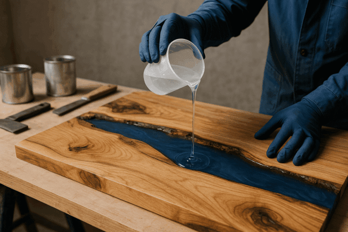 Epoxidharz auf Holzplatte gießen