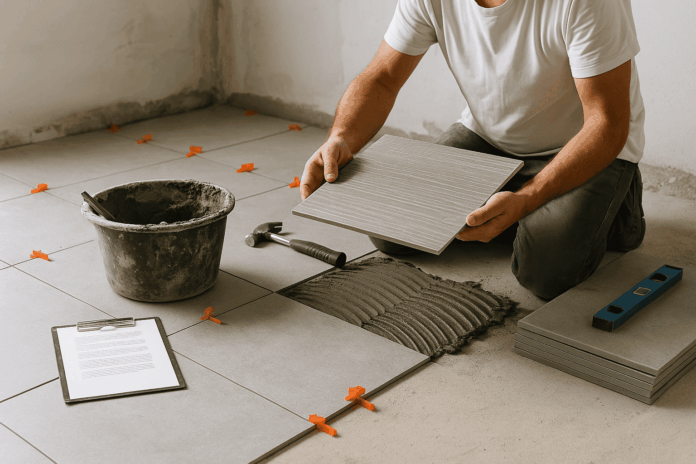 Handwerksbetrieb beim Fliesenlegen Handwerksbetrieb beim Fliesenlegen