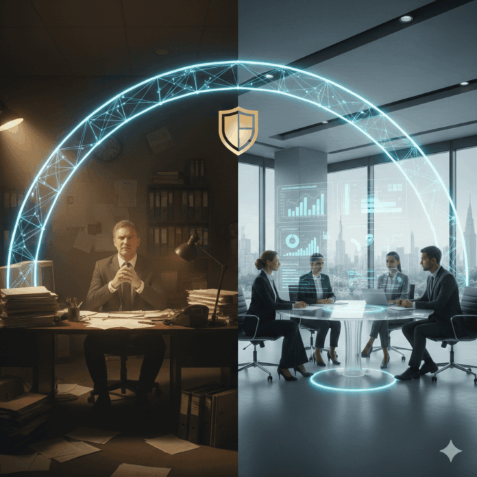 Vom Aktenstapel zur rechtssicheren Cloud: Die visuelle Transformation der Kommunalfinanzierung hin zu Transparenz und digitaler Effizienz.