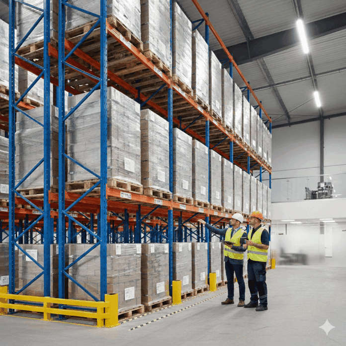 Sicherheit im Fokus: Experten bei der jährlichen Regalinspektion gemäß DIN EN 15635 zur Gewährleistung maximaler Lagersicherheit.