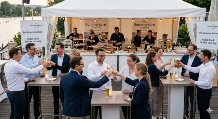 Mitarbeiter prosten sich auf einer gut organisierten Firmenfeier mit Catering zu, was die rechtliche Sicherheit unterstreicht. Mitarbeiter prosten sich auf einer gut organisierten Firmenfeier mit Catering zu, was die rechtliche Sicherheit unterstreicht.