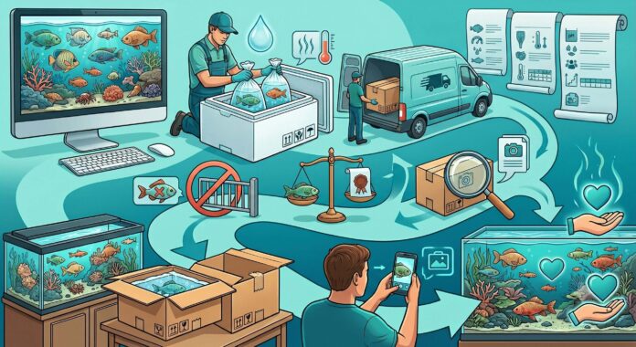 Eine textfreie Infografik, die den Weg eines Zierfisches beim Online-Kauf zeigt: Von der Auswahl am Computer über den isolierten Thermo-Versand, rechtliche Symbole (Waage, Paragraphen) bis hin zur Foto-Dokumentation durch den Käufer am Aquarium.
