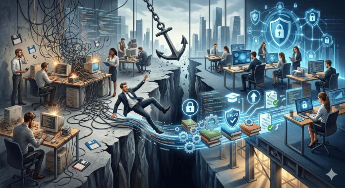 Gemini_Generated_Image_xatl0txatl0txatl (1) Ein metaphorisches Bild über die IT-Wissenslücke in Unternehmen: Links ein chaotisches, veraltetes Büro an einer Klippe, aus dem ein Geschäftsführer in einen Abgrund stürzt, über dem ein schwerer Anker (Haftungsrisiko) hängt. Rechts ein modernes, sicheres Büro, das durch eine leuchtende Brücke aus Büchern, Zahnrädern und DSGVO-Symbolen (Weiterbildung) geschützt ist.
