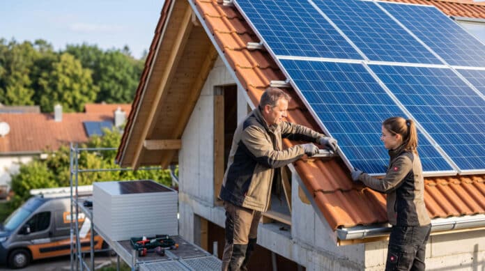 Handwerker bei der Installation von PV-Modulen auf einem Wohnhausdach – professionelle Dokumentation von Kundenprojekten für die eigene Referenzwerbung.